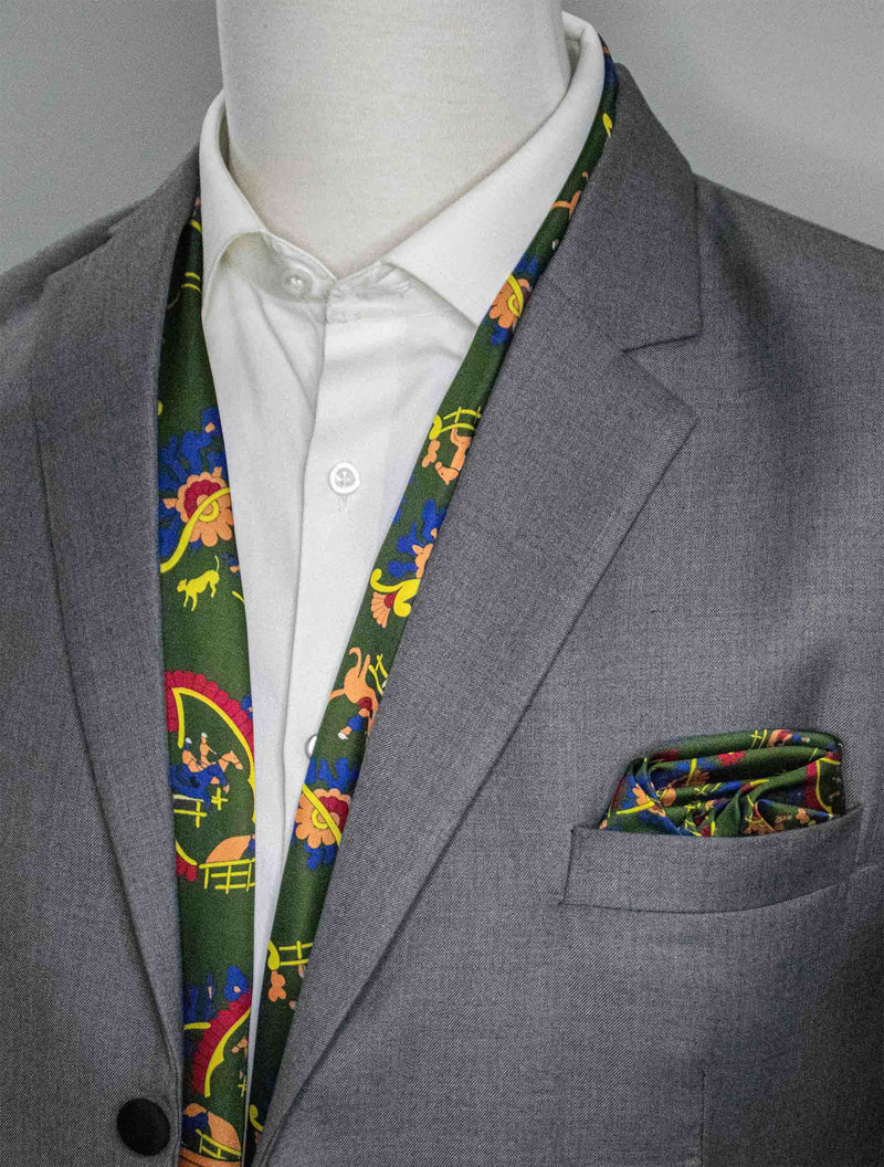 Paisley And Floral Olive Green - Silk Scarf And Pocket Square Set